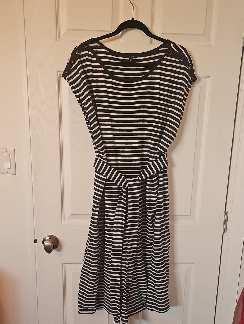 Talbots Black & White Striped Midi Dress with Tie Waist